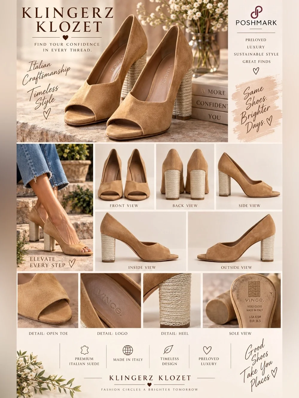 Vince Made in Italy Suede Peep Toe Espadrille Block Heels Tan 6.5M